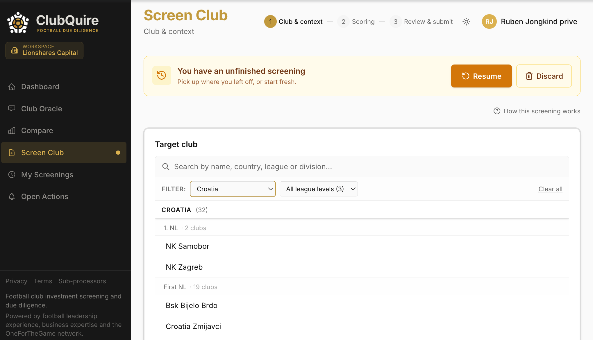 ClubQuire football due diligence platform screening interface